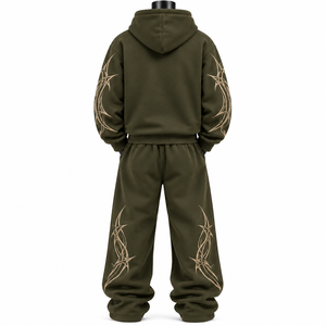 Conjunto de Sudadera con Capucha Extra Grande Unisex para Invierno, Verde Oliva, Bordado, Felpa Francesa, Pantalones Deportivos Casuales, Bolsillo Delantero, 100% Algodón - Product Image 2