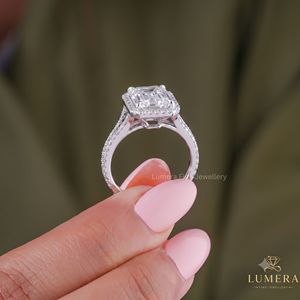 Premium Lab Grown <b>Emerald</b> Cut Diamond <b>Ring</b>, Pave Halo Engagement Setting, Split Shank Diamond <b>Band</b> Custom Gold Bridal <b>Ring</b> - Product Image 5