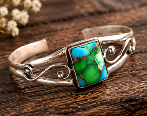 Brazalete de Plata de Ley con Dalia de Pavo Real y Turquesa – Joyería de Piedras Preciosas con Mosaico Colorido, Joyería Artesanal al por Mayor - Product Image 3
