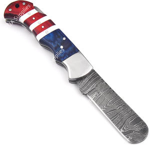 Couteau pliant haut de gamme artisanal en acier Damas, pointe tombante, manche en bois Pakka et résine patriotique, pommelle en acier inoxydable, étui en cuir, EDC - Product Image 3