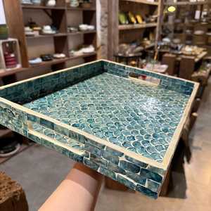 Luxury Blue Honeycomb Pattern Mother of Pearl <b>MOP</b> Tray Smooth Finish Single Tier for Home Kitchen Living Room Storage Serving - Product Image 2