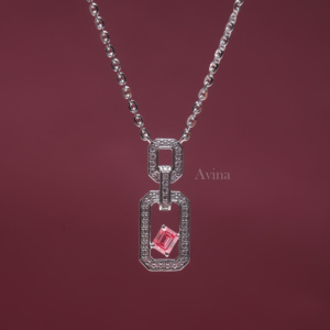 IGI Certified Lab Grown Diamond Emerald Cut Pink <b>Ruby</b> Open Link Pendant <b>Necklace</b> in 14K White Gold Geometric Designer <b>Necklace</b> - Product Image 2