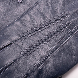 Womens Handmade Blue Gray Leather <b>Gloves</b> Green Trim Soft Winter Full Finger Outdoor Party Elegant Driving Warm Lined Snap - Product Image 2