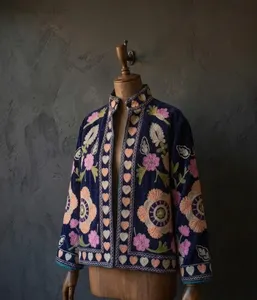 <b>Women</b> Navy <b>Velvet</b> Floral Embroidered Suzani <b>Jacket</b> Full Sleeve Stand Collar Handmade Bohemian Style Winter Coat - Product Image 3