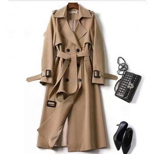 Manteau long classique pour femme, trench-coat croisé coupe-vent en toile, manches longues, col rabattu, couleur unie, vêtement d'extérieur printemps - Product Image 1