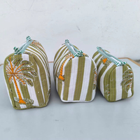 Set Pouch Makeup Besar 3-in-1 Motif Bunga & Hewan, Bahan Katun Ramah Lingkungan, Penutup Ritsleting, Model Quilted Boho, Tahan Air, Cocok untuk Perjalanan