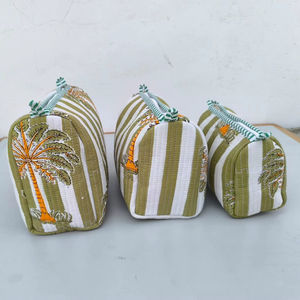 Set of 3 Block Print <b>Toiletry</b> <b>Bags</b> Green Block Print Cotton <b>Toiletry</b> <b>Bag</b> Quilted Boho Makeup Pouch Set <b>Travel</b> Cosmetic <b>Bags</b> - Product Image 1
