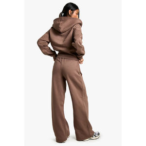 Women's Solid Brown Fleece 2 Piece Sweat Suit Set Hooded Zipper Top <b>Wide</b> <b>Leg</b> <b>Jogger</b> Pants Casual All Seasons Wear - Product Image 2