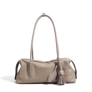 Bolso de Hombro de Cuero Genuino Gris Claro con Decoración de Borlas, Estilo Minimalista, Dos Asas, Cierre de Cremallera, para Todas las Temporadas - Product Image 4