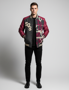 Veste de sport en laine et cuir sur mesure pour homme - Charbon, Magenta et Crème - Broderie en chenille - Product Image 1