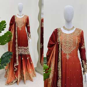 Ensemble Sharara brodé lourd pour femme avec dupatta, robe ethnique traditionnelle pour mariage et Diwali, ensemble palazzo à manches longues en soie Chinon - Product Image 6