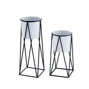 Modern Metal Plant Stand Indoor Set <b>White</b> Flower Pot Black Wire <b>Frame</b> Geometric Tall Planter Box for Home Garden Decor Planters - Product Image 1