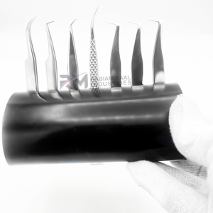 RMI Silver Shin Eyelash Tweezer Diamond And Plan Grip With Black Acrylic 5 Pcs Tweezer Hold Stand Customized Bottom Design - Product Image 1