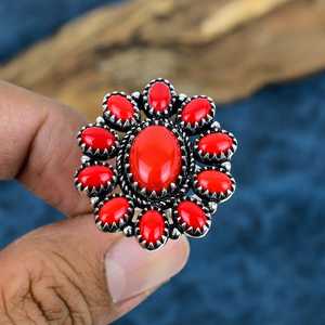 Wholesale Handmade 925 Sterling Silver Red Coral Cluster <b>Ring</b> Opaque Gemstone Flower <b>Statement</b> <b>Rings</b> For Women Bulk Jewelry - Product Image 6