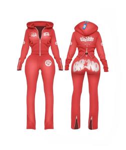 Ensemble survêtement tendance pour femme, style streetwear, avec sweat à capuche zippé et pantalon de survêtement vintage délavé à l'acide, brodé rose - Product Image 4