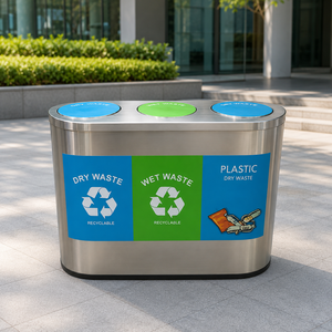 Contenedor de basura triple de acero inoxidable para separación de residuos secos, húmedos y plásticos, para oficinas, centros comerciales y áreas públicas. - Product Image 2