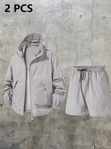 Conjunto de Chaqueta y Pantalones Cortos con Capucha y Cordón Ajustable, Unisex, Ligero, de Color Sólido, Cortavientos Casual de Otoño, Manga Larga, Bolsillos Laterales, Poliéster - Product Image 3