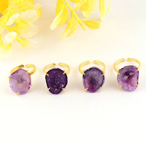 Natural 18k Gold Plated Purple Druzy Agate <b>Adjustable</b> Fashion <b>Ring</b> Raw Organic Gemstone Statement Wholesale Women's Accessories - Product Image 1
