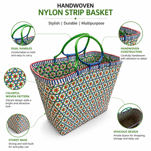 Cesta de Almacenamiento de Tiras de Nylon Tejida a Mano con Asas Dobles, Cesta Utilitaria Colorida para Compras y Organización - Product Image 2