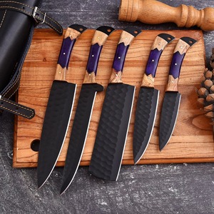 Custom Handmade Five-Piece Chef <b>Set</b> in Carbon Steel with Wood+Resin Handles <b>Sharp</b> Blades Ambidextrous Design Leather Roll Bag - Product Image 1