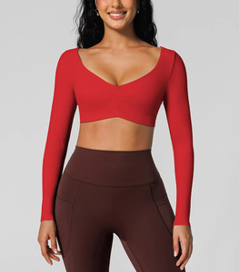 2027 OEM Wholesale Women's Compression Breathable Yoga Shirt for Outdoor Sports Gym T-Shirt V Neck Long Sleeve <b>Cropped</b> Yoga <b>Top</b> - Product Image 5