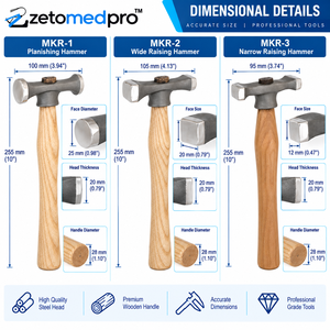 MKR Jewelry Hammers MKR-1 Planishing MKR-2 Wide Raising MKR-3 Narrow Raising 10in Wood Steel ZETOMEDPRO - Product Image 3