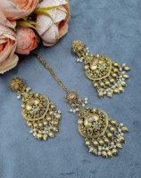 Ensemble de boucles d'oreilles et mangtika plaquées or avec franges de perles et motif feuille artisanal pour femmes, bijoux ethniques traditionnels