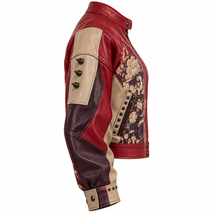 Chaqueta de cuero bomber roja con gráficos para mujer, estilo motociclista, con tachuelas, punk rock, resistente, ropa exterior, OEM, pedido personalizado de fábrica - Product Image 3