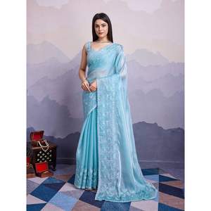 SAREE DE SEDA CON BORDADO DE LENTEJUELAS EN TENDENCIA, CON BLUSA SIN COSTURAR, COLOR AZUL CIELO - Product Image 1