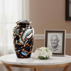 Handcrafted Marble Finish Cremation Urn Adult Ashes <b>Memorial</b> <b>Vase</b> Metal Keepsake Urn Custom Design - Product Image 3