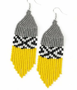 Black Ivory and Yellow Bohemian geometric design Seed Bead Fringe <b>Earrings</b> Bohemian Style Fashion dangle hook <b>earrings</b> - Product Image 1