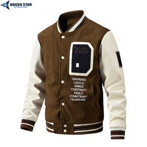 Men's Green Varsity Jacket Cream Sleeve Embroidered Letter Patch Design Casual Autumn Wear Polyester Cotton Material - Product Image 4
