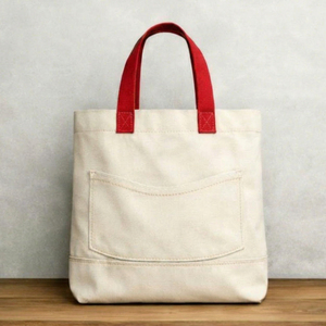 Bolsa de Compras de Lona de Algodón Reciclado con Logotipo Personalizado en Color, Asas Rojas, Tamaño Mediano, para Uso Diario - Product Image 1