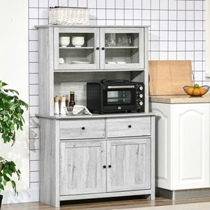 Armoire de rangement moderne gris cendre à 4 étagères avec portes vitrées 63,5 po et comptoir ouvert pour micro-ondes - Product Image 2