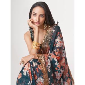 ชุดส่าหรีงานปาร์ตี้ผ้าออร์แกนซ่าพิมพ์ลายดอกไม้สีฟ้าโดฟ แบรนด์ Beautiful Zeel พร้อมเสื้อคลุม  แบบยังไม่เย็บติดกัน - Product Image 4