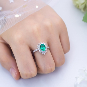 Anillo de Halo con Diamante Corte Pera Verde Brillante, Plata de Ley, Joyería para Novia, Dama de Honor, Boda, Fiesta, Regalo para Ella - Product Image 2