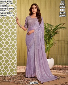 Sari en organza rose royal avec broderie argentée, chemisier assorti, tenue de mariage et de fête, sari indien élégant pour femme, coupe classique - Product Image 4