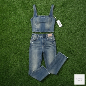 Women Blue Denim Crop <b>Top</b> And Flare Jeans Set Sleeveless Two Piece Casual Streetwear Matching Outfit Vintage Fashion - Product Image 6