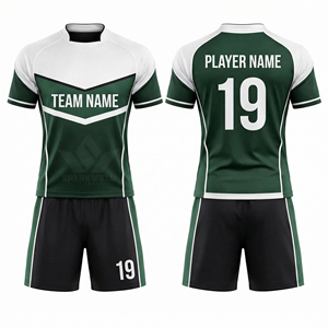 Maillot de rugby vert et blanc pour homme, manches courtes, col rond, nom et numéro de l'équipe sublimés, polyester respirant - Product Image 1