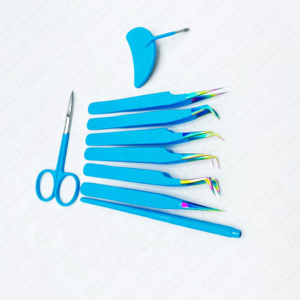 Juego de 9 Pinzas para Pestañas de Acero Inoxidable, Marca Personalizada, Puntas Azul Cielo, Herramientas de Extensión de Pestañas con Punta de Espejo - Product Image 4