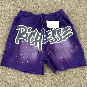 Shorts de sport décontractés pour hommes en coton épais délavé style vintage avec imprimé graphique et cordon de serrage, vente en gros - Product Image 5
