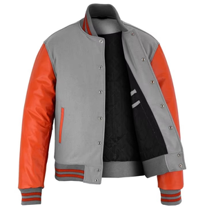 Veste universitaire OEM originale pour homme, élégante, grise et orange, avec manches en cuir, vente en gros, vestes universitaires chauffantes pour l'hiver - Product Image 4