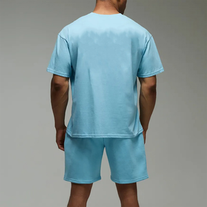 Men Summer Casual Two-Piece <b>Set</b> Light Blue Cotton T-Shirt Shorts Crew Neck Printed Letter Design Breathable <b>Knitted</b> Fabric - Product Image 5