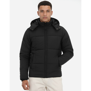 Men's Black Hooded Puffer Jacket With Zipper Closure Windproof Winter Casual <b>Coat</b> Polyester Filling Stand Collar Regular Fit - Product Image 3