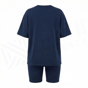 Conjunto de 2 Piezas Tejido para Mujer, Color Azul Marino Sólido, Camiseta de Cuello Redondo y Manga Corta, y Pantalones Cortos por Encima de la Rodilla, Corte Holgado, Estilo Casual - Product Image 2