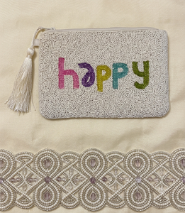 Beaded Tassel <b>Pouch</b> With Happy Embroidery Multicolor Letters Cream Background - Product Image 1