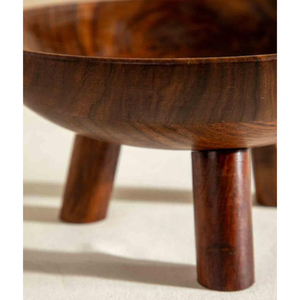 Bol rond en bois de sheesham de luxe sur piétement à trois pieds pour servir des salades de fruits, centre de table pour la cuisine et la décoration de la maison - Product Image 5