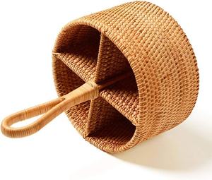 Handwoven Rattan Caddy with 4 <b>Divided</b> Compartments - Desktop Organizer Basket with Tall Handle for Household Storage - Product Image 3