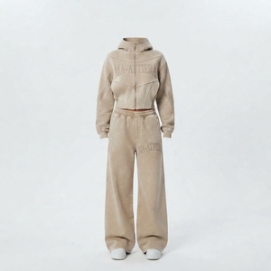 Conjunto Deportivo Casual de Dos Piezas para Mujer: Sudadera Corta con Cierre y Pantalones Anchos Lavados - Product Image 3