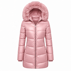 <b>Women's</b> Long Quilted Winter <b>Jacket</b> With Fur Trim Hood Full Sleeve Zipper Closure <b>Navy</b> Blue - Product Image 4
